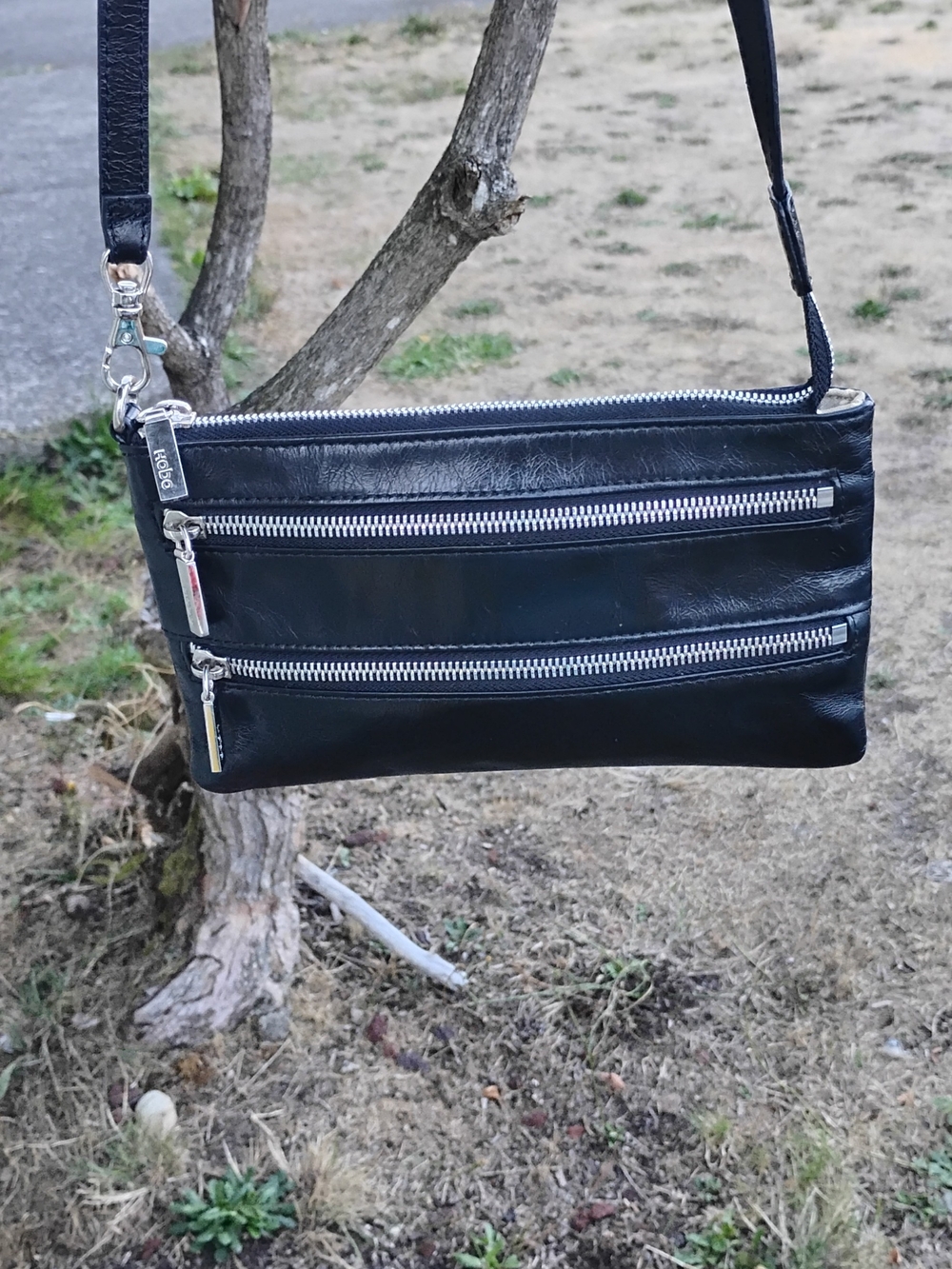 HOBO Black Leather Crossbody with Triple Silver Zippers